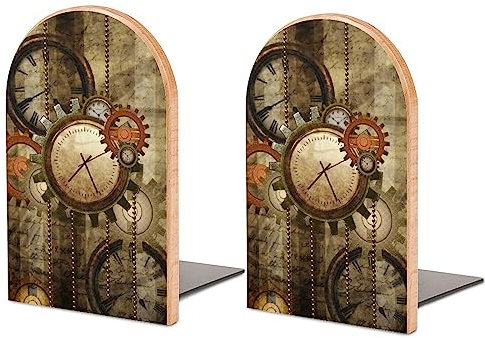 Retro Steampunk Uhren und Zahnräder Buchstütze Premium Holz + Metall L-Form Dekorative Buchstützen Buchstütze für Bücherregal Desktop Klassenzimmer Küche Zuhause