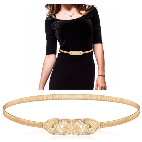 Xinjoduz Chain Belts for Women Small Golden Belt Fancy Metal Elastic Waist Ladies Dress Belt Womens Golden Metal Stretch Waist Skinny Thin Belts for Dress