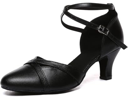 MINITOO Women Dance Shoes Closed Toe Party Evening Wedding Pumps with Ankle Strap L618 Black UK 6