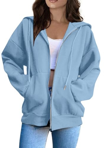 Gym Jackets Women, Womens Plain Zip Up Hoodie Ladies Hoody Soft Casual Hooded Sweatshirt Top Long Sleeve Jacket Jumper Gifts for Women,Sky Blue,3XL,U82K