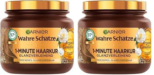 Wahre Schätze Glanzverleihende 1-Minute Haarkur für trockenes und glanzloses Haar, Mit Arganöl und Cameliaöl für Glanz und Geschmeidigkeit, Vegane Formel, 1 x 340 ml (Packung mit 2)