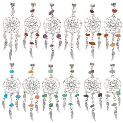 WADORN 12 Farbe Traumfänger Anhänger, Traumfänger Edelstein Chip Charms Böhmischer Traumfänger Feder Charm Ornament Zur Schmuckherstellung Schlüsselanhänger Halskette, Antik Silber