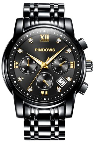 PINDOWS Herrenuhren Luxus Quarz-Analoguhr Datumsanzeige und großem Ziffernblatt wasserdichte modische Business-Armbanduhr Elegante zweifarbige Edelstahl-Klassiker-Herrenuhr mit beleuchtetem Kalender