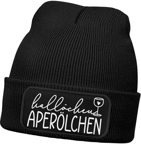 MoonWorks® Damen Beanie mit Patch Hallöchen Aperölchen Strickmütze mit Spruch Aufdruck Lustig Damenmütze Schwarz-Weiss Unisize