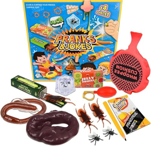 14Pcs Practical Joke Kit, Pranks for Kids Adults, Fun Gag Gifts, Whoopie Cushions Woopie Cushion Fake Poo Novelty Practical Jokes Gift Box for Men Friends Tricks.
