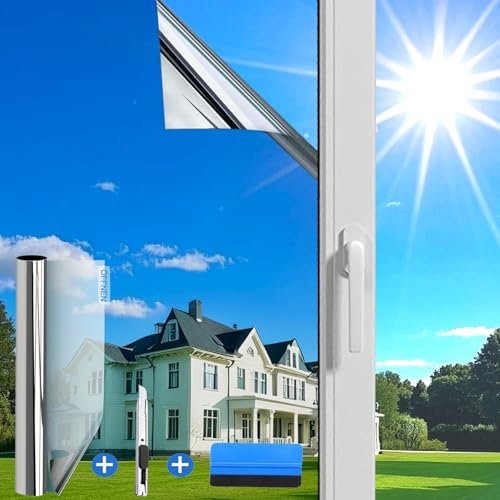 Evofensteere(90X400cm Silber) Fensterfolie Sonnenschutz Hitzeschutz innen oder außen | Rückstandslose Spiegelfolie Fenster Hitzeschutz | Selbstklebend UV Schutzfolie Fenster | Sonnenschutzfolie