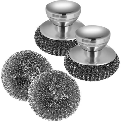 4PCS Steel Wool Scrubber Set with Replaceable Steel Wool Pads, Stainless Steel Scrubber for Scouring Stubborn Messes on Pots, Pans, Grill, Stove, Sink (2 Scrubbers + 2 Pads)
