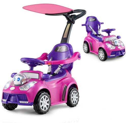 GOPLUS 3 en 1 Porteur Bebe, Pousse Pousse avec Poignée Auvent Réglable, Garde-Corps, Klaxon, Bruit de Moteur, Rangement, Poussette Jouet pour Enfant 1-3 Ans,Charge 25KG (Rose)