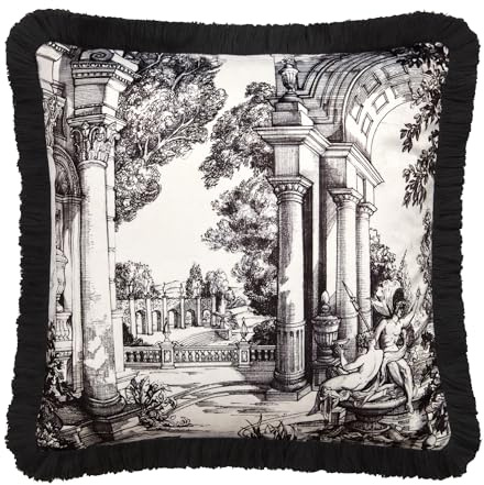 Laurence Llewelyn-Bowen Vista Velvet Filled Cushion, Classical Toile Pattern, Decorative Throw Pillow, 1 Count, 43 x 43 cm, Monochrome, 100% Recycled Polyester