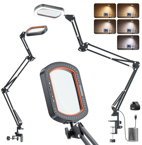 10X Rechteckige Lupe mit Licht und Klemme, 3 Arme und 5 Farbmodi Lupenlampe, Große LED Lupenleuchte mit Freisprechfunktion für Lesen, Handwerk, Schmuckreparatur, Malerei, Feinarbeiten und Hobbys