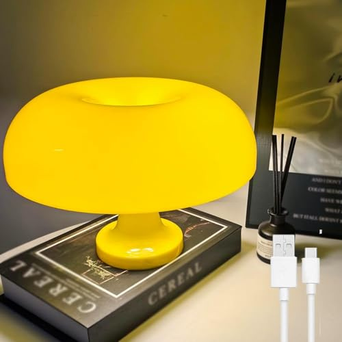 OOWOKS Pilz Lampe, LED Tischleuchte Kabellos Dimmbar mit Touch Control, Akku Tischlampe Pilz Acryl Lampeschirm 1800mAh USB Aufladbar Mushroom Lamp für Wohnzimmer Esszimmer Schlafzimmer,Gelb