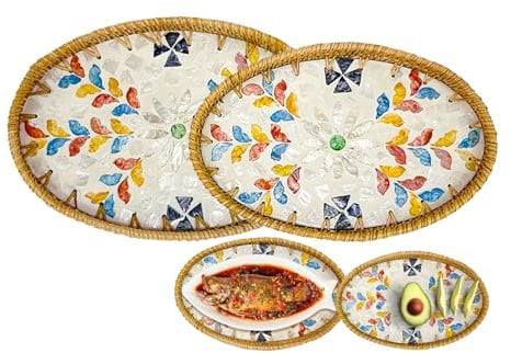 Joyeee Cuencos ovalados de ratán, paquete de 2 cuencos de almacenamiento de mimbre de ratán, cesta de regalo decorativa de mimbre para servir pan de frutas y alimentos, organización de encimera de