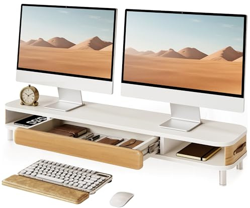 Fenge Dual Monitorständer mit AusziehenSchublade,Tragfähigkeit 35kg,Weiß | Bildschirmerhöhung mit Aluminiumbeinen & Ledergriff, Ergonomische Monitorerhöhung für Home Office & Gaming, 108×25×15.7cm