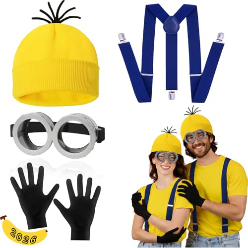 XIHUAN Minion Kostüm Zubehör, 4 Stück Karneval Kostüm Erwachsene Kinder Minion Kostüm Cosplay mit Mütze Brille Handschuhe Hosenträger Film Kostüm Accessoires für Faschingsparty Damen Herren