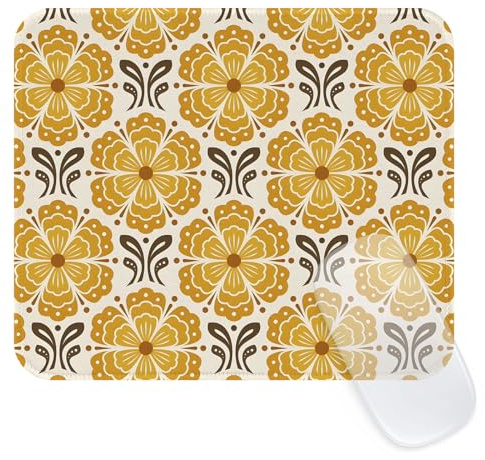 Ksriylm Retro Square Flower Mouse Mat,Small Aesthetic Patterned Girly Mouse Pad with Stitched Edge,Boho Waterproof Non-Slip Rubber Base Computer Mousemat for Office Home,Yellow
