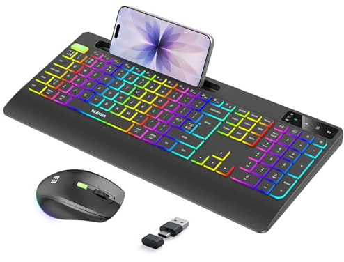 seenda 2.4G RGB Wireless Backlit Keyboard+Mouse, USB-C/A, UK, Black | Rechargeable Ergonomic Set with Rainbow Backlight and Wrist Rest, Works for USB-A & USB-C Devices with Windows or macOS