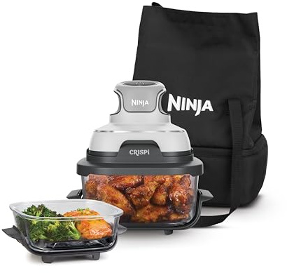 Ninja CRISPi Portable Air Fryer, 3.8L & 1.4L, 4-in-1, White FN102UK | Roast, Recrisp, Space Saving Compact Design, 2x Removable Glass Containers & Lids, Tote Bag Included, 1700W