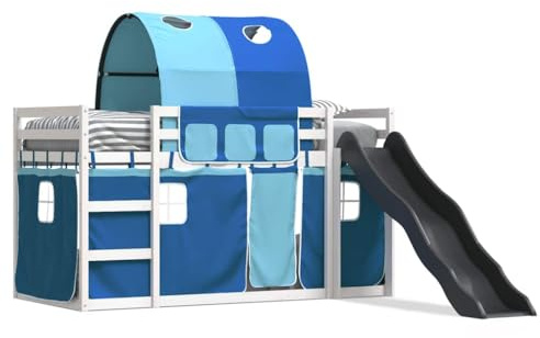 RCODSSK Solid Pine Wood Bunk Bed with Slide and Curtains, Blue Single 90x190 cm, Safety Guardrails, Ladder, No Mattress