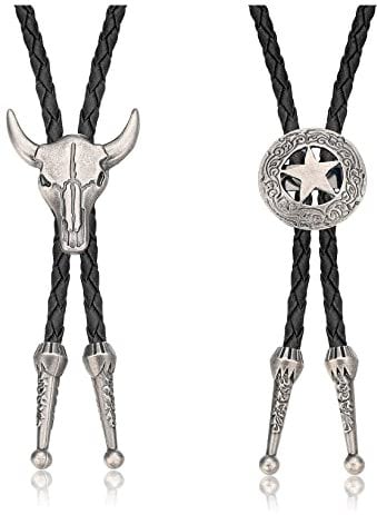 Milacolato 2 Stück Lederkrawatte Kuhschädel Texas Ranger Sternkette für Herren Rodeo Bolo Krawatte Krawatte
