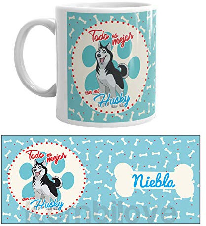 Kembilove Taza de Desayuno Husky Personalizada con Nombre - Taza de Café y Té para Mascota - Cerámica Impresa