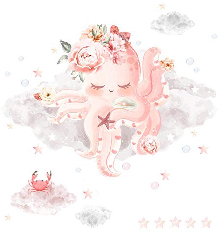 yabaduu YX011 Unterwasserwelt Tintenfisch Krake Wandtattoo Wandsticker Aufkleber für Kinderzimmer Babyzimmer Rosa Rosé (128 x 83 cm)