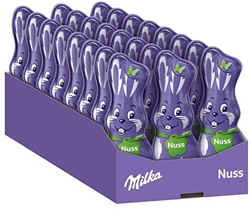 Milka Schmunzelhase Nuss 24 x 45g I Osterschokolade Großpackung I mit Haselnuss-Stückchen I Osterhasen Schokolade aus 100% Alpenmilch