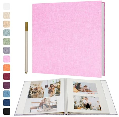 Vienrose Album Photo Adhésif, 40 Pages, 33 x 32 cm, Rose | Lin Relié Scrapbooking avec Un Stylo Métallique pour Mariage Bébé Famille Voyage