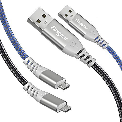Fasgear Cable micro USB de 5m, 2 cables largos de carga rápida, cable de sincronización micro USB compatible con controlador PS4, cámara de seguridad, monitor de bebé y más (Negro y Azul)