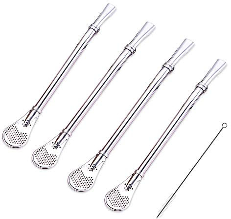 Cucchiaio di cannuccia in acciaio inossidabile da 4 pezzi con 1 spazzola per la pulizia, cucchiaio con filtro di paglia riutilizzabile, cucchiaino da tè adatto per tè al latte, caffè, cocktail.