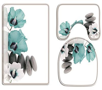 A.Monamour Badezimmer Badematte 3 Teilig Set Blaue Orchidee Mit Haufen Kiesel Zen Spa Stein Natur Flanell WC Toilette Deckel Deckt Bad Matte Teppich Badteppiche Badvorleger Badgarnitur Vorleger