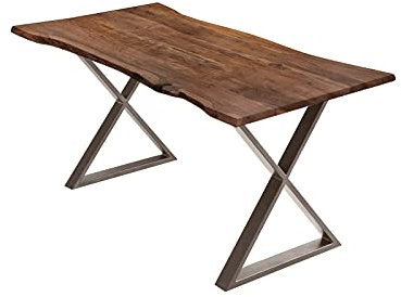 SAM Esstisch 220x100cm Marbella, echte Baumkante, Akazienholz nussbaumfarben + massiv, Baumkantentisch mit geschlossenem X-Metallgestell Edelstahlfarben, Esszimmertisch