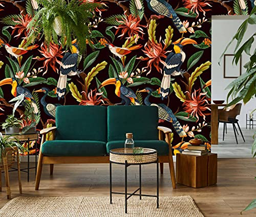 marburg Tapete schwarz gelb rot Vliestapete Glööckler Jungle RTL Floral Blätter Natur Vogel Papagei Digitaldruck für Schlafzimmer Wohnzimmer oder Küche 2,50 x 1,59m 33436