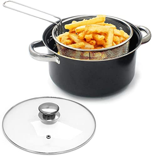 TRTO Black Chip Pan 4-in-1 Stove Deep Fat Fry Fryer Stew Frying Basket Glass Lid Bake