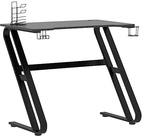 vidaXL Ergonomic Gaming Desk with ZZ Shape Legs, Integrated Controller and Earphone Rack, Cup Holder, Ideal for PC, Monitors, Keyboards