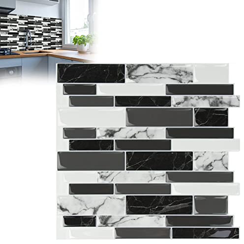 YRHome 10 Blatt 3D Klebefliesen Fliesenaufkleber Selbstklebende Küche Fliesensticker 3D Marmor Schwarz Backsplash-Fliesen 30x30cm Wasserdicht Metro Fliesen Folie Aufkleber Fliesendekor Badezimmer