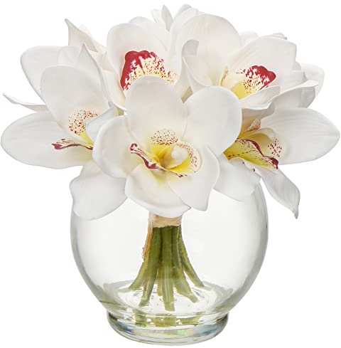 DILATATA Fiori di orchidea in seta Cymbidium in vaso di vetro con acqua sintetica, 9 pezzi di fiori artificiali di orchidea per tavolo di nozze centrotavola decorazione per la casa, Cymbidium bianco