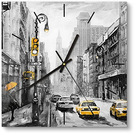 DEQORI Glasuhr | 30x30 cm | Motiv Gelbe Akzente auf Straße | ausgefallene leise Design Uhr aus Glas | Wanduhr für Wohnzimmer & Küche | Moderne Hingucker Uhr für die Wand