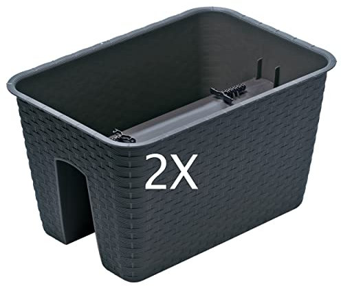 Tymar Set di 2 vasi da fiori per ringhiera del balcone in effetto rattan, per ringhiere, per ringhiere, in plastica, con uscita dell'acqua RR01 (antracite, 40 x 27 cm)