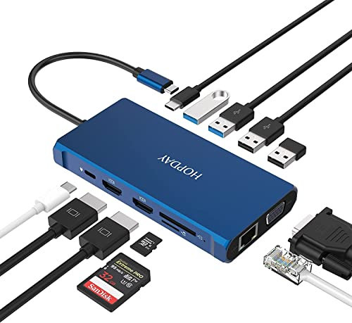 HOPDAY Docking Station, Docking Station USB C 12 in 1 Triplo display con 2 HDMI 4K, VGA, Gigabit Ethernet,100W PD, Hub USB 3.0 5Gbps, lettore di schede SD/TF, audio/mic da 3,5 mm per MacBook Pro/HP