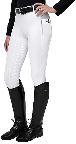 FitsT4 Sports Damen Reitleggings Silikon Vollbesatz Reithose mit Handytasche und Gürtelschlaufen,Weiß,Gr.L
