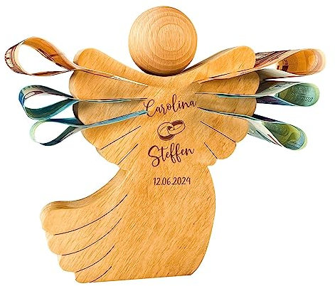 Personalisierte Holzengel Dekofigur, Geldgeschenk zur Hochzeit, Hochzeitsgeschenk für Brautpaar, Schutzengel Figur aus Holz mit Ringe Gravur, Verpackung für Geldgeschenke, Dekoengel als Glücksbringer