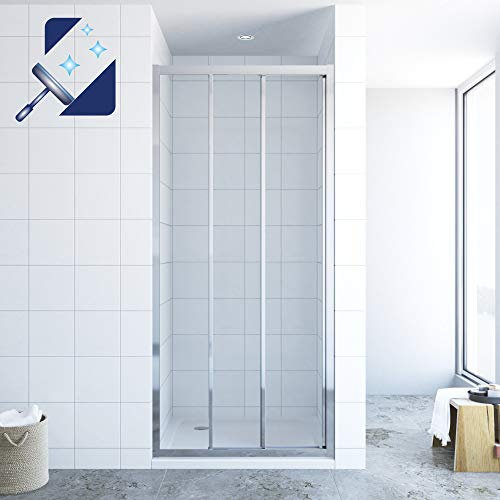 Duschwand Schiebetür Glas für Nische Gleittür 3 teilig Duschschiebetür 90cm Nischentür Dusche Höhe 195 cm aus 6 mm ESG-Sicherheitsglas Klarglas inkl. Nano-Beschichtung rechts-und links Montage