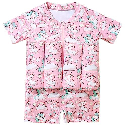 Lazeny Kinder Baby Badeanzug mit Schwimmhilfe Mädchen Jungen Floating Schwimmanzug mit Verstellbarem Einteiliger Bademode Schwimmkraft Schwimmen Lernen Ausbildung Anzug Badebekleidung(Rosa Einhorn)