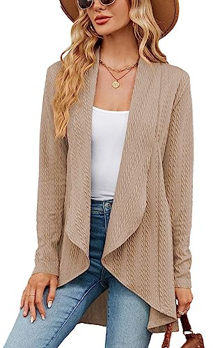 Famulily Womens Casual Long Sleeve Cardigan Tops Ladies Soft Knited Sweater Waterfall Cardigans (XXL, Khaki)