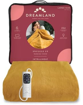 Dreamland Snuggle Up Electric Throw - Mustard, 5 Minute Fast Heat Up, Luxury Velvet Plush, 1 Control, 6 Temperature Settings with Timer, Machine Washable and Tumble Dry Safe, 160x120cm