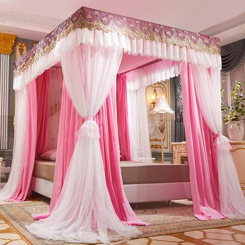 BradOc Bettvorhang Himmelbett Himmelbett Doppelschicht Prinzessin Vorhänge Baldachin für Mädchen Einzel-/Kingsize-Bett mit Rahmen, Ruby,1,200 * 200 * 220cm