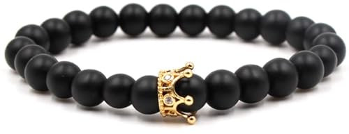 ANAZOZ Donna Uomo Bracciale Rosario Elastico 19CM,Braccialetti Uomo Perline 8MM con Corona Pietra Naturale Bracciale Uomo Nero