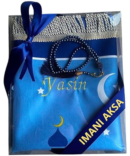 Gebetsteppich mit Namen Bestickt Tesbih Personalisierter Gebetsteppich Prayer Mat Islamische Geschenke Seccade Ramadan Bayram Kinder Erwachsene (Blau., Kinder)