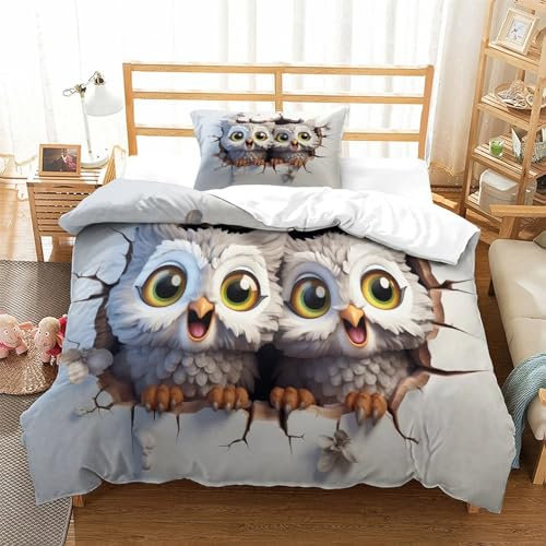 JMORCO Zwei niedliche Eulen Bedding 3D Bettbezug Dreiteiliger,mit Kissenbezug,Mikrofaser Cute Tier Bettbezug Set Bettwäsche Mit Reißverschluss Für Erwachsene Single（135x200cm）