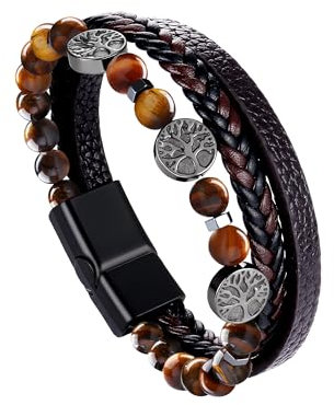 Dochais Bracciale Uomo, Bracciali In Vera Pelle Per Uomo, Bracciale Dell'Albero Della Vita Vichingo, Bracciale Intrecciato In Pietra Naturale, Con Chiusura a Calamita (A, marrón, 23cm)